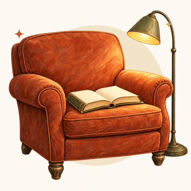 Poltrona com um livro aberto e uma luminária
